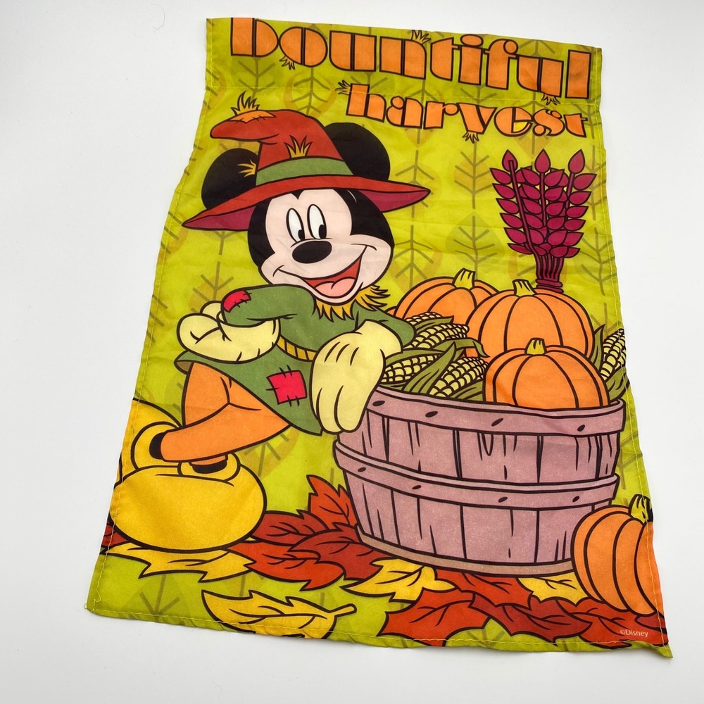 Disney Mickey Mouse Bountiful Harvest Fall Garden Flag Scarecrow‎ Pumpkins
